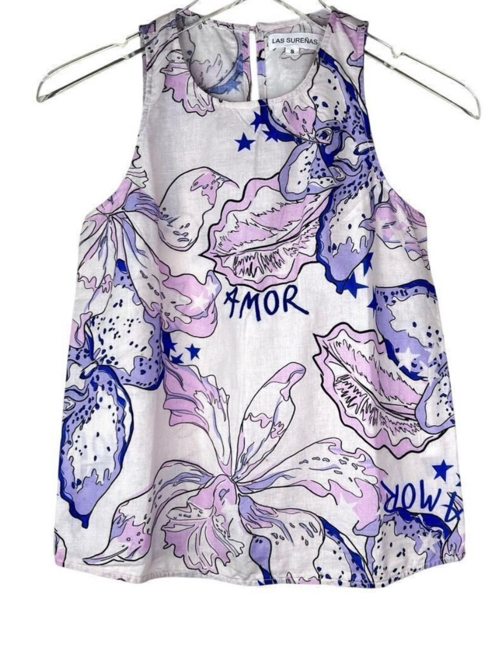 Las Surenas Amor Embroidered Printed Linen Cotton Tank Top Floral Blue Pink SM